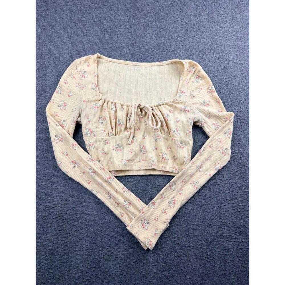 Aeropostale Women's‎ S Small Floral Long Sleeve Crop Top Tie Front Dainty Ivory
